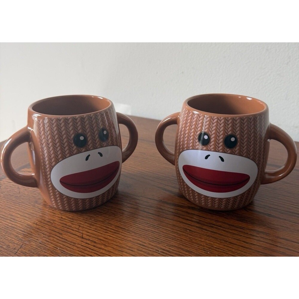 Sock Monkey Coffee Mug Ceramic 16 oz Galerie Double Handle Cup Lot of 2 VG